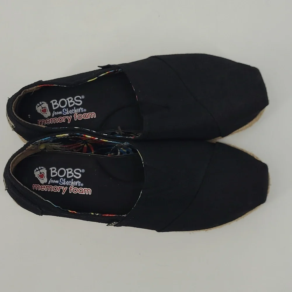 Skechers BOBS Women Black Canvas Espadrille Platform Slip On‎ Flats Memory Foam